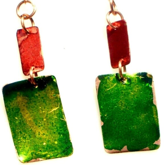 Green Red Geometric Pure Copper Handmade Earrings Abstract Hand Painted Drop - Picture 3 of 8